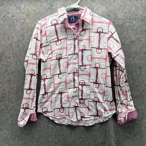 Ronner Paris Shirt Women 4 White Pink Button Dow Equestrian Bit Print Casual